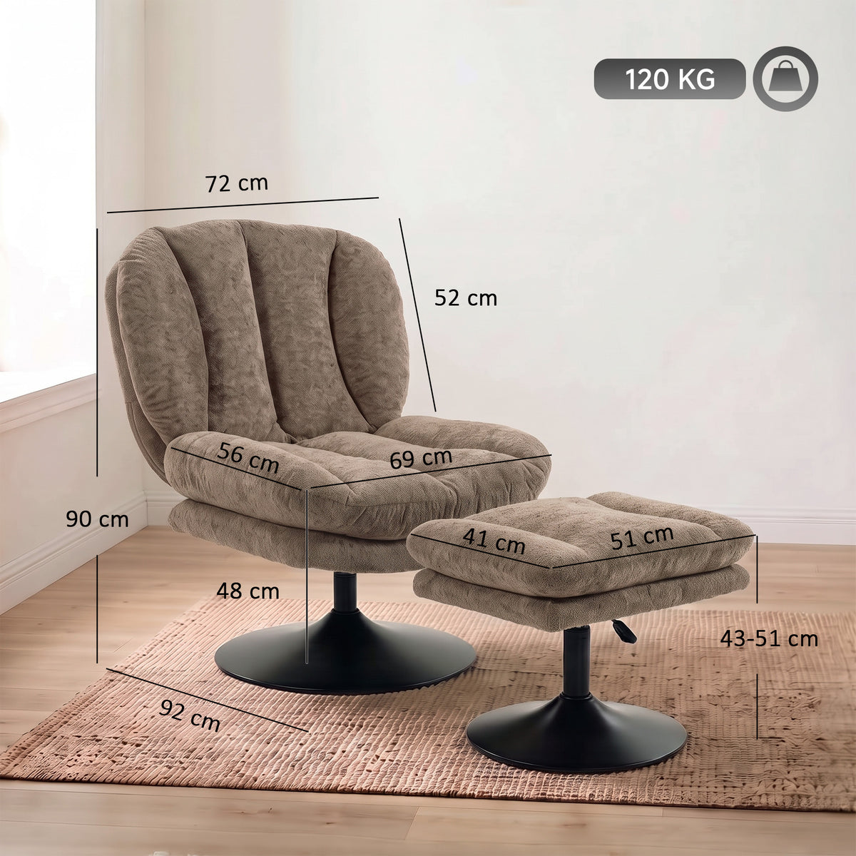 Drehbarer Loungesessel mit Hocker und Samtbezug