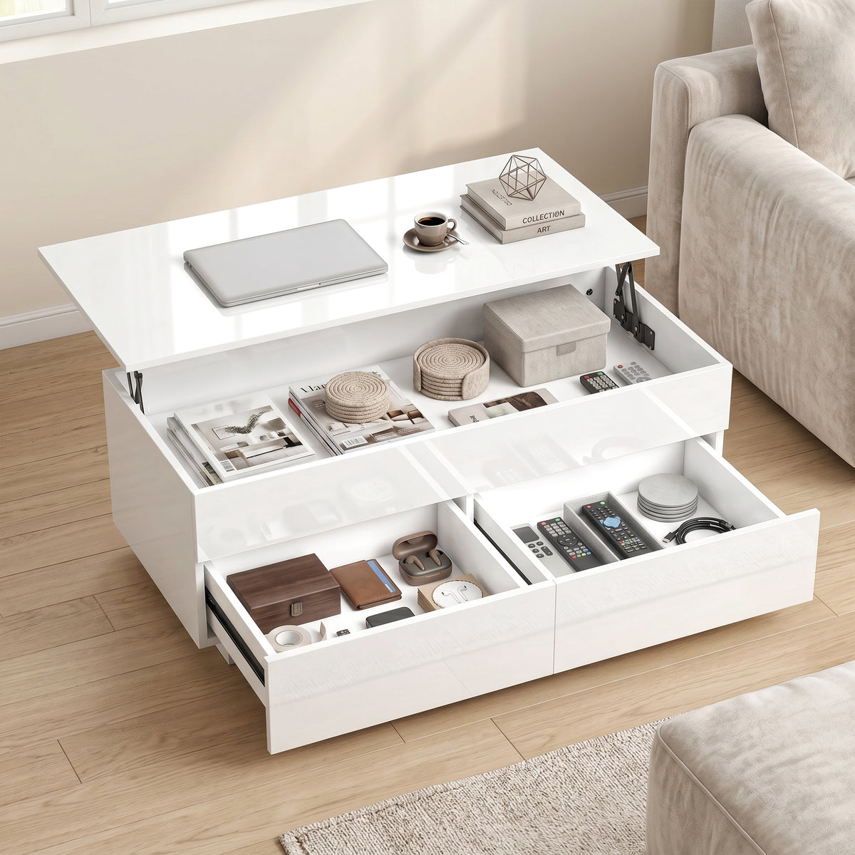 Höhenverstellbarer Couchtisch mit Stauraum und 2 Schubladen