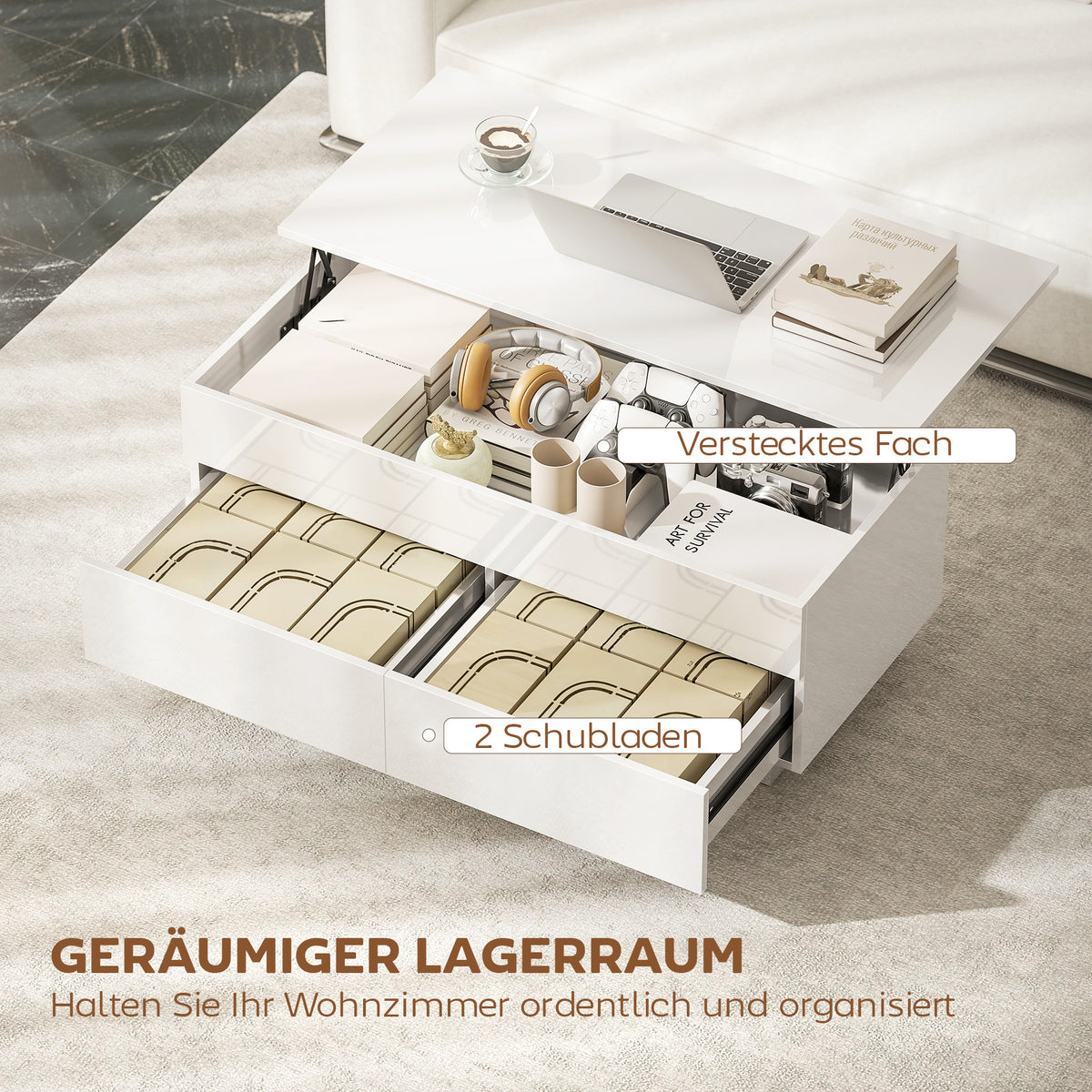 Höhenverstellbarer Couchtisch mit Stauraum und 2 Schubladen