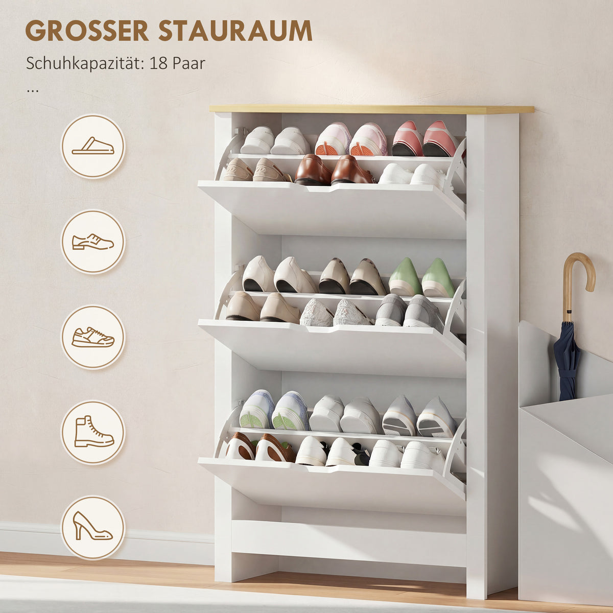 Schuhschrank mit Klappfächern und Ablage