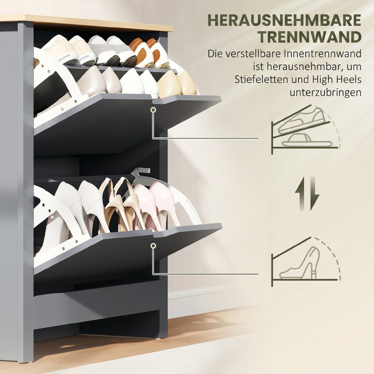 Schuhschrank mit Klappfächern und Ablage