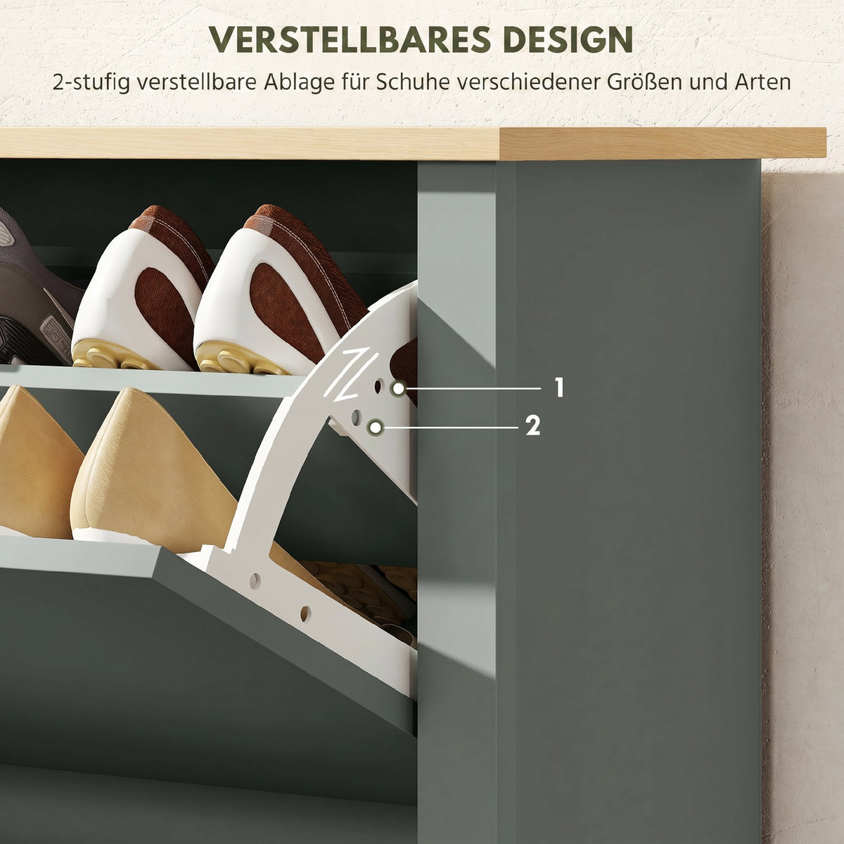Schuhschrank mit Klappfächern und Ablage