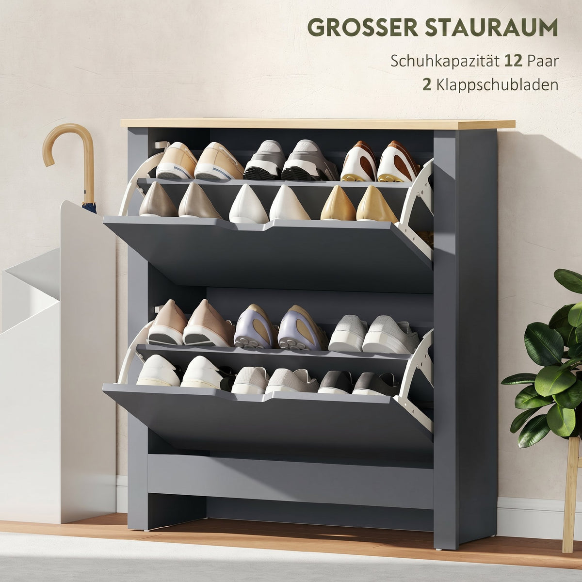 Schuhschrank mit Klappfächern und Ablage