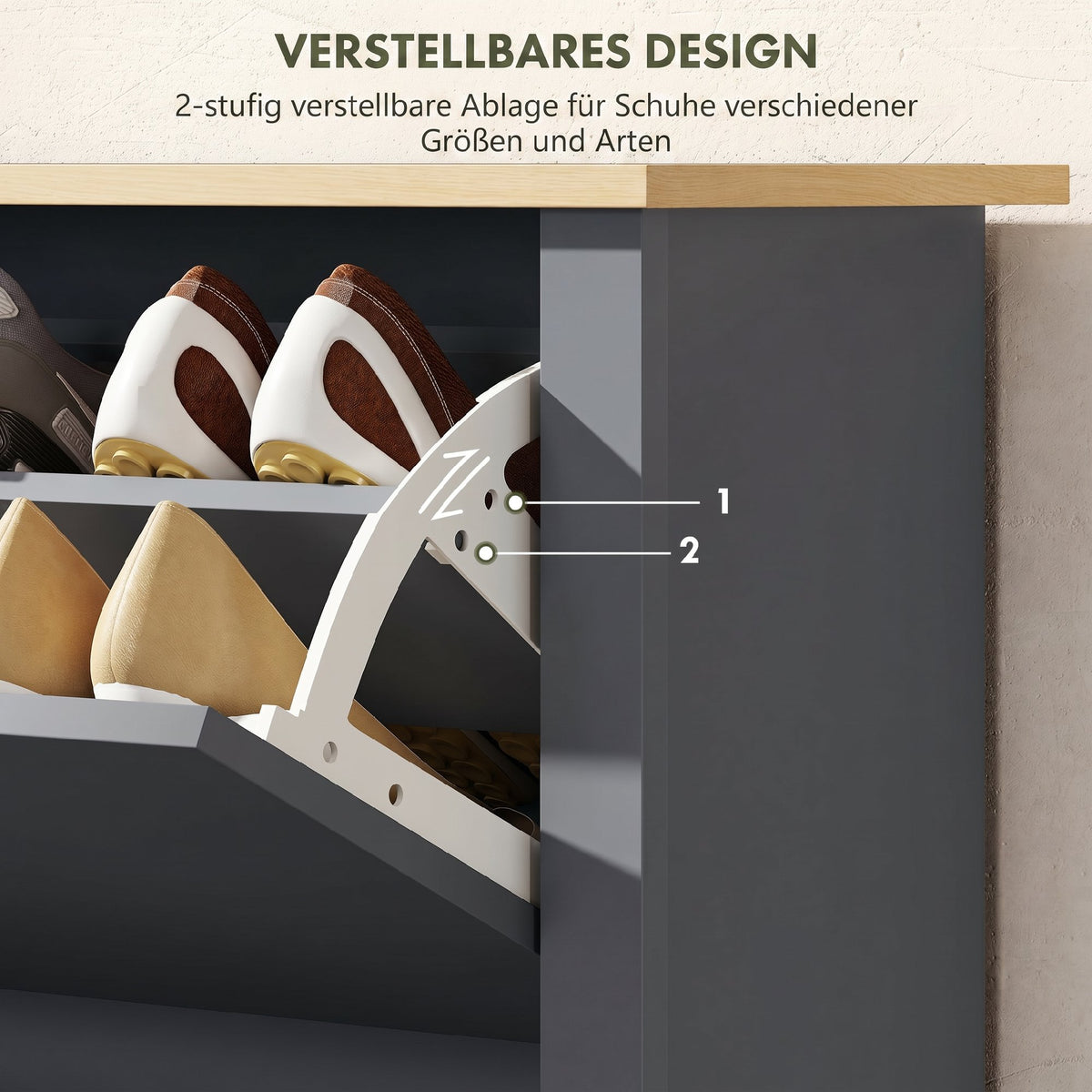 Schuhschrank mit Klappfächern und Ablage