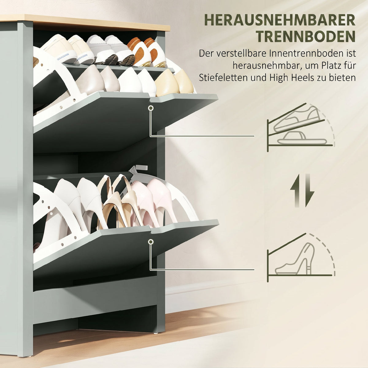 Schuhschrank mit Klappfächern und Ablage
