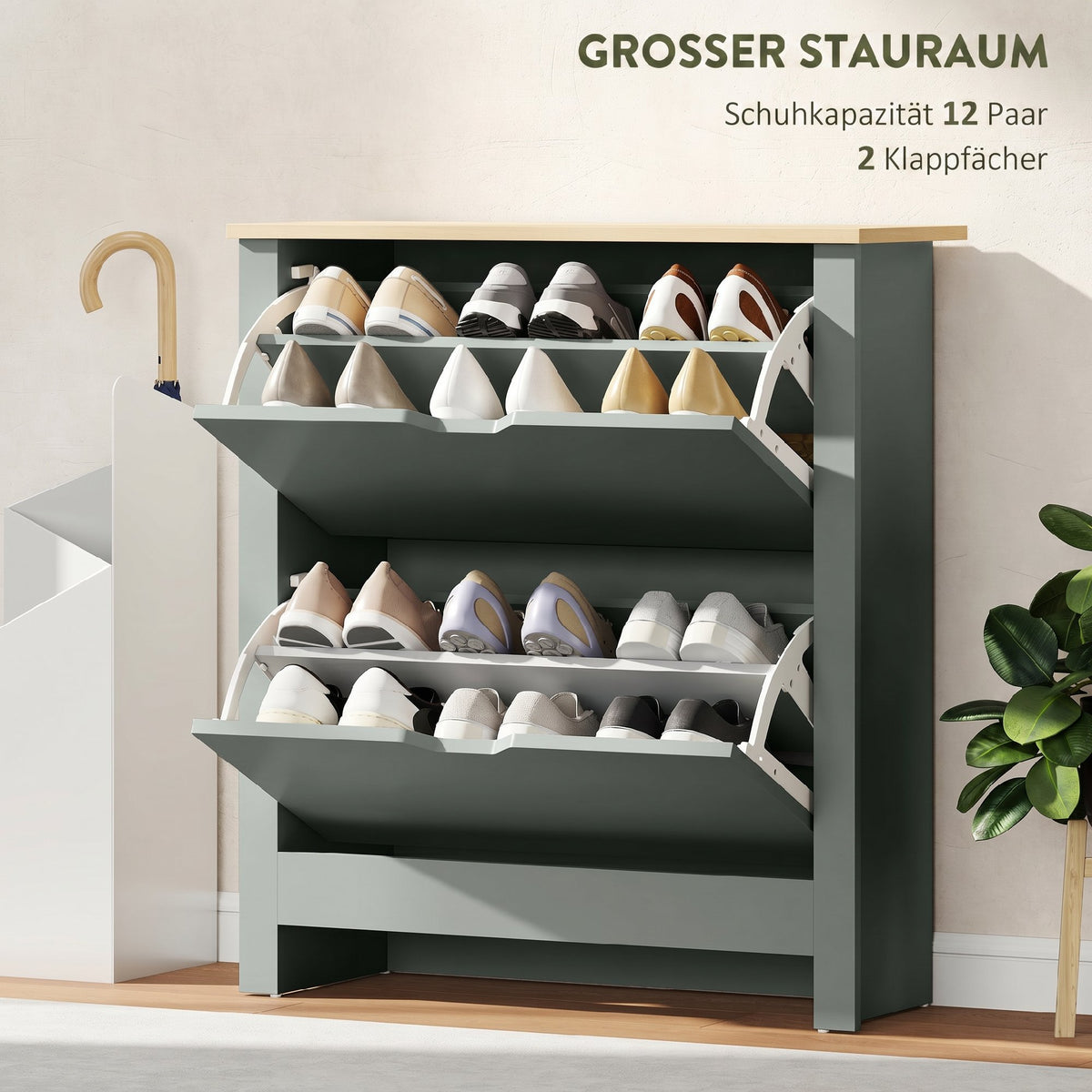 Schuhschrank mit Klappfächern und Ablage