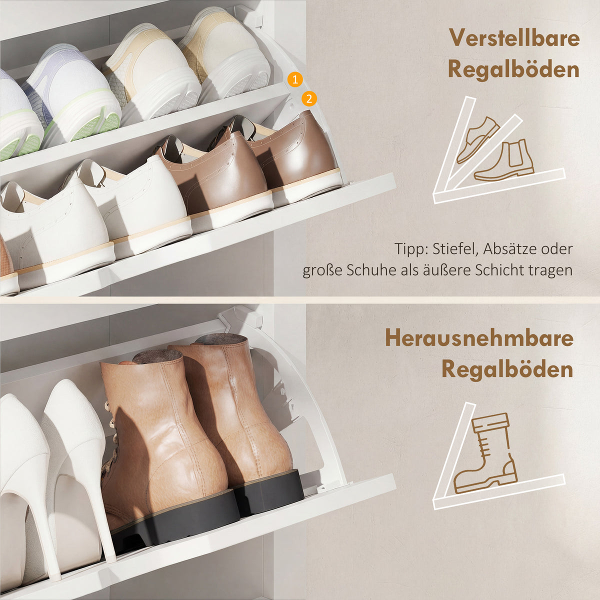 Schuhschrank mit Klappfächern und Ablage