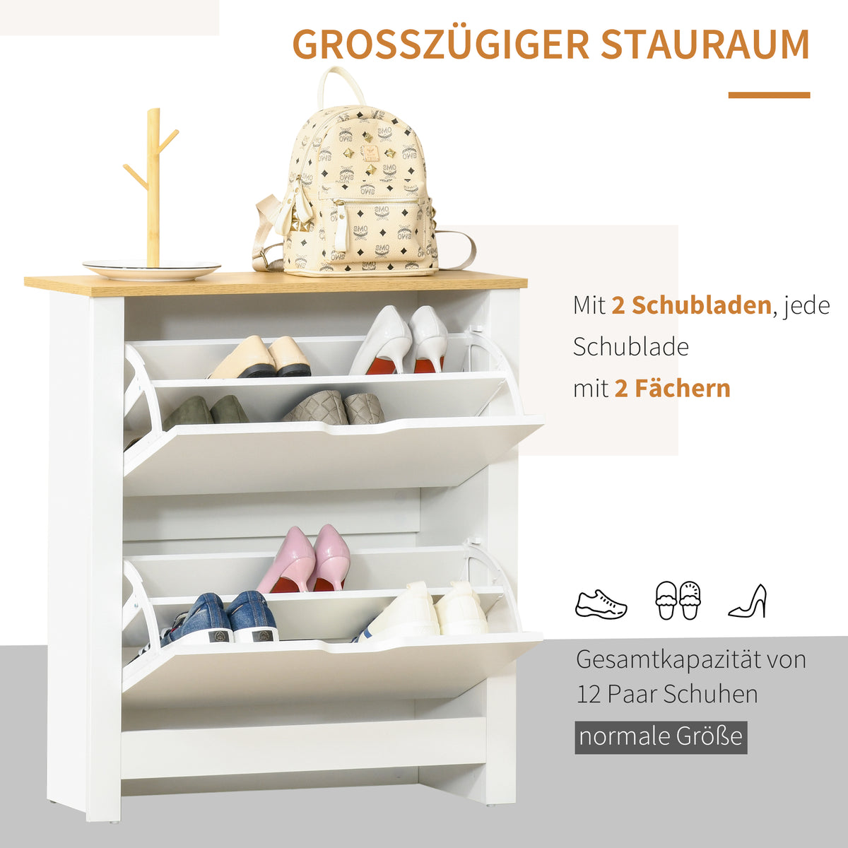 Schuhschrank mit Klappfächern und Ablage