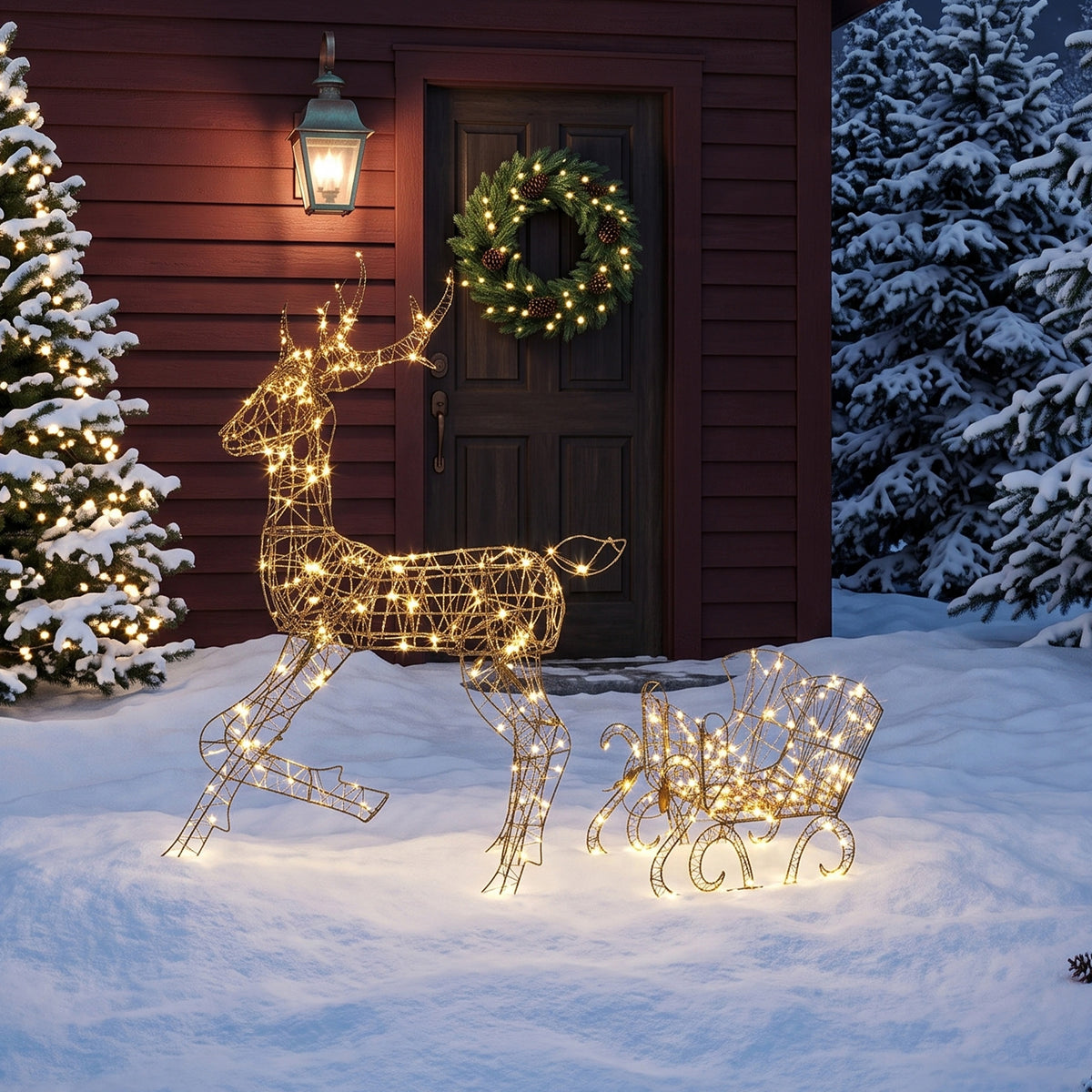 Beleuchtetes Rentier mit Schlitten, 175 LEDs