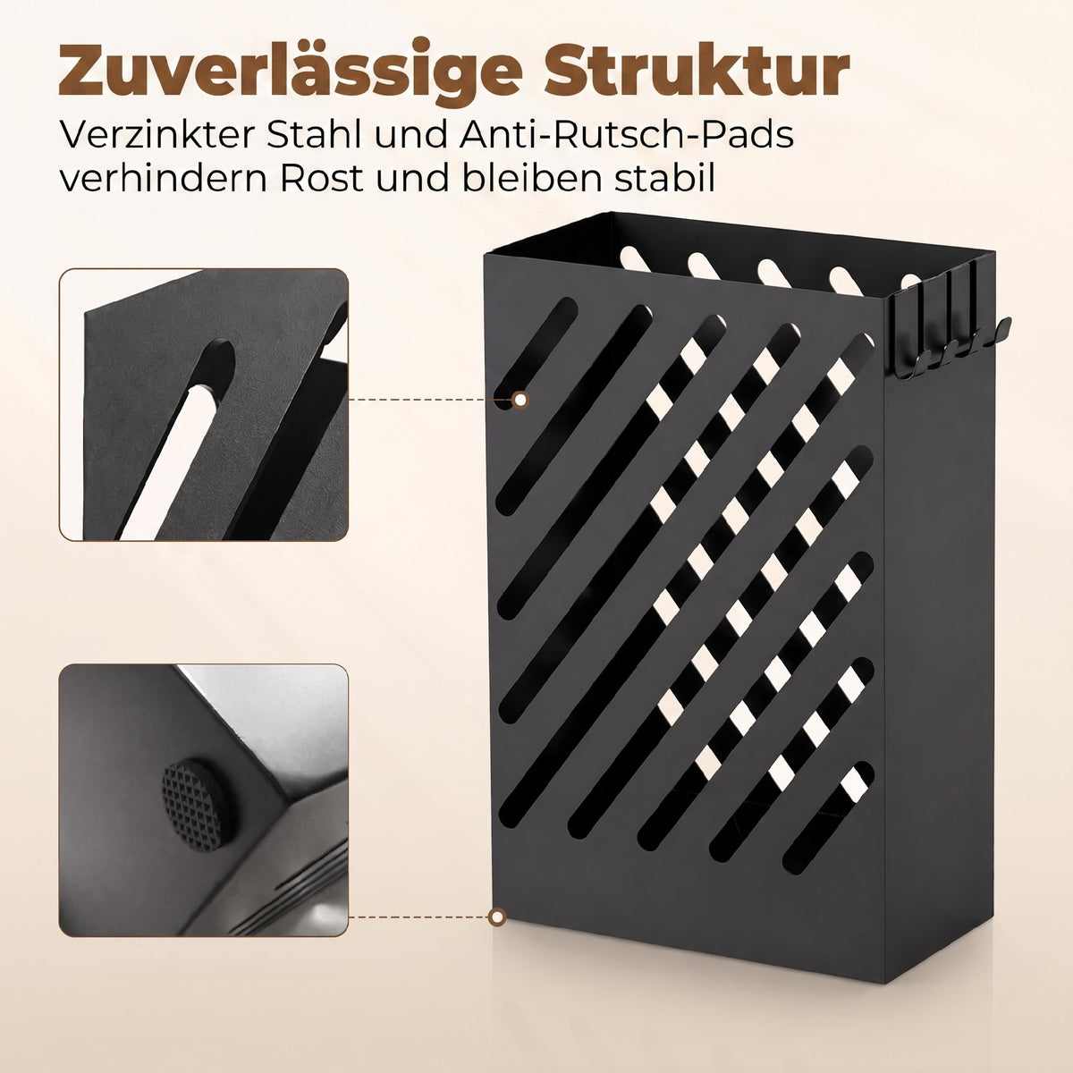 Schirmständer aus Stahl mit Tropfschale und vier Haken