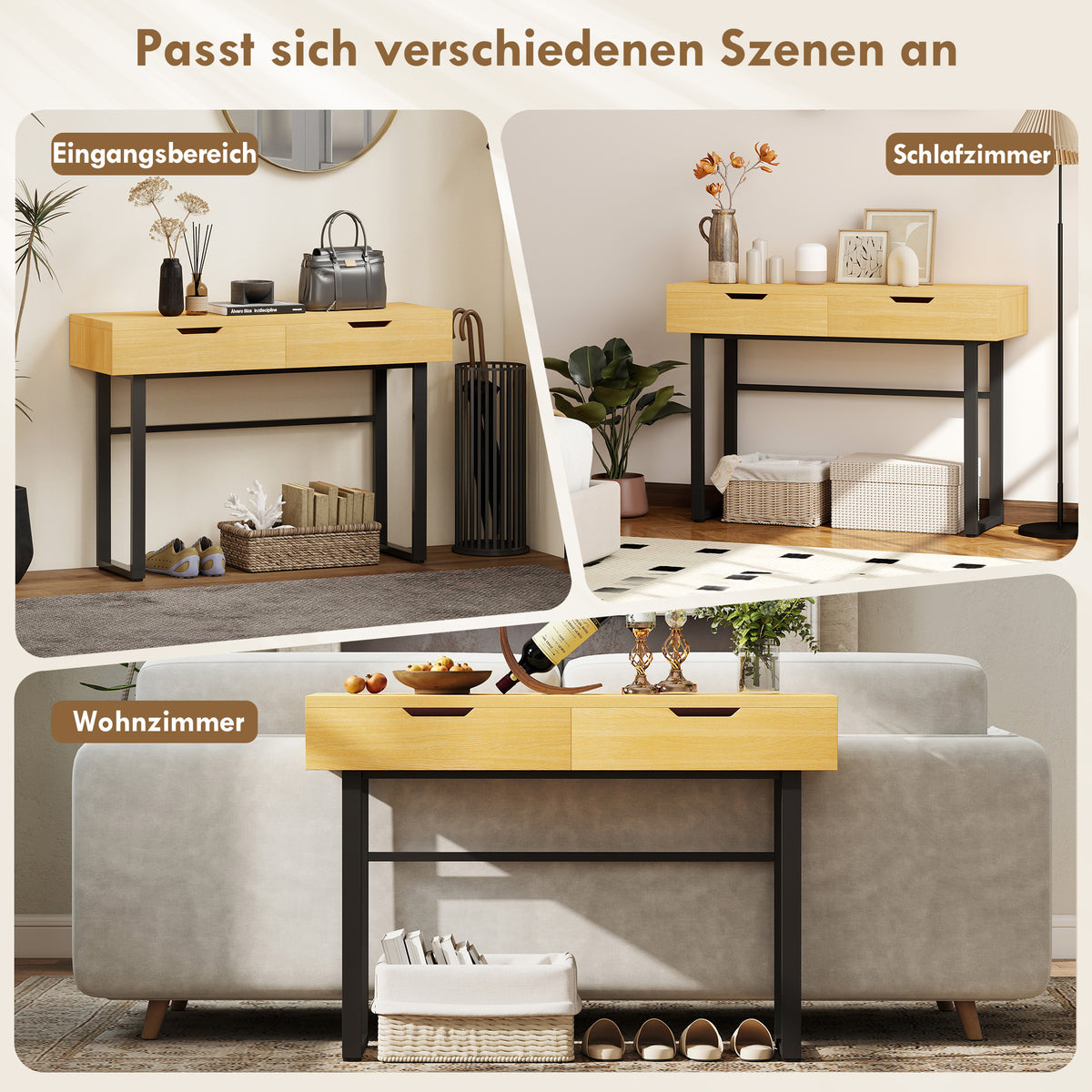 Konsolentisch mit 2 Schubladen und Metallgestell