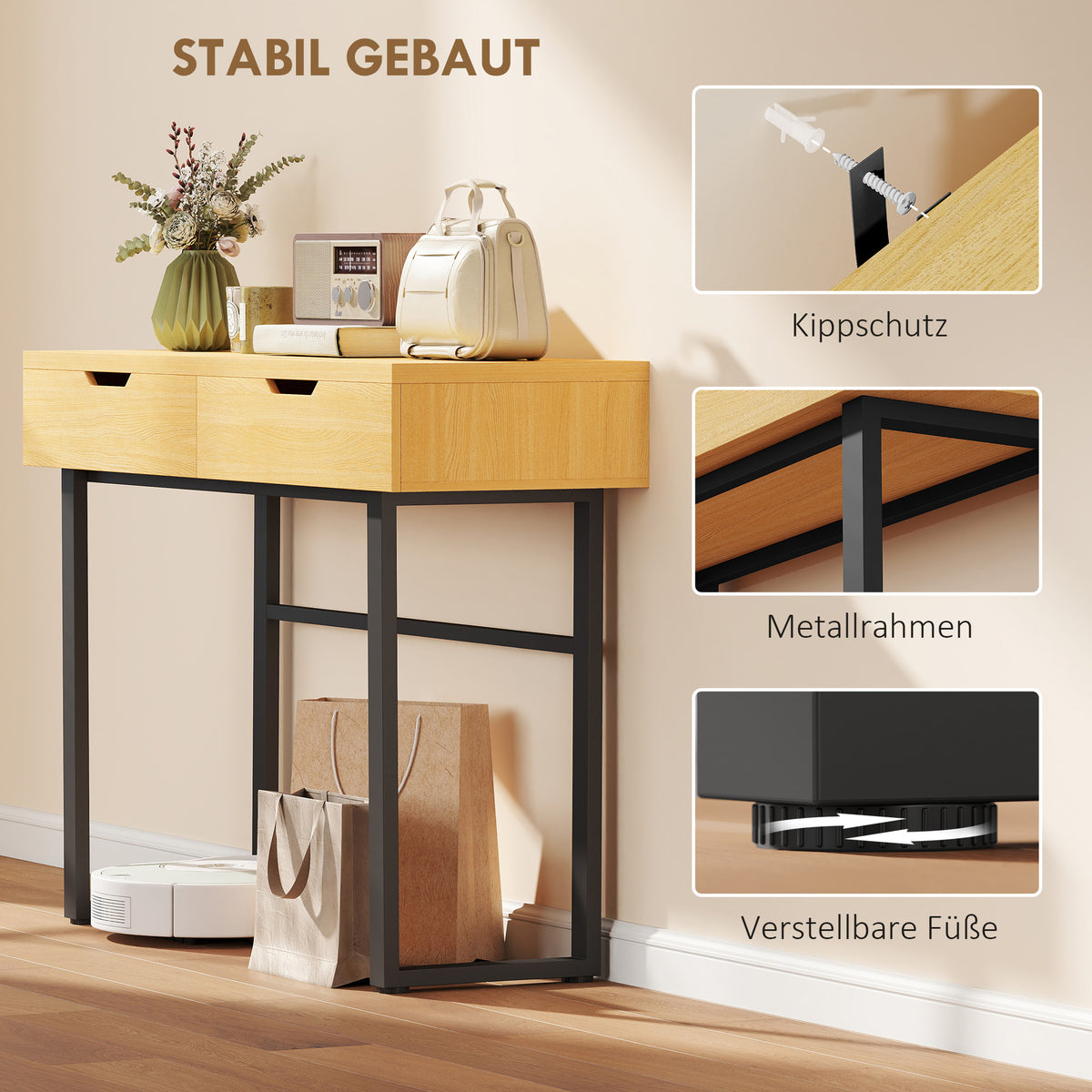 Konsolentisch mit 2 Schubladen und Metallgestell