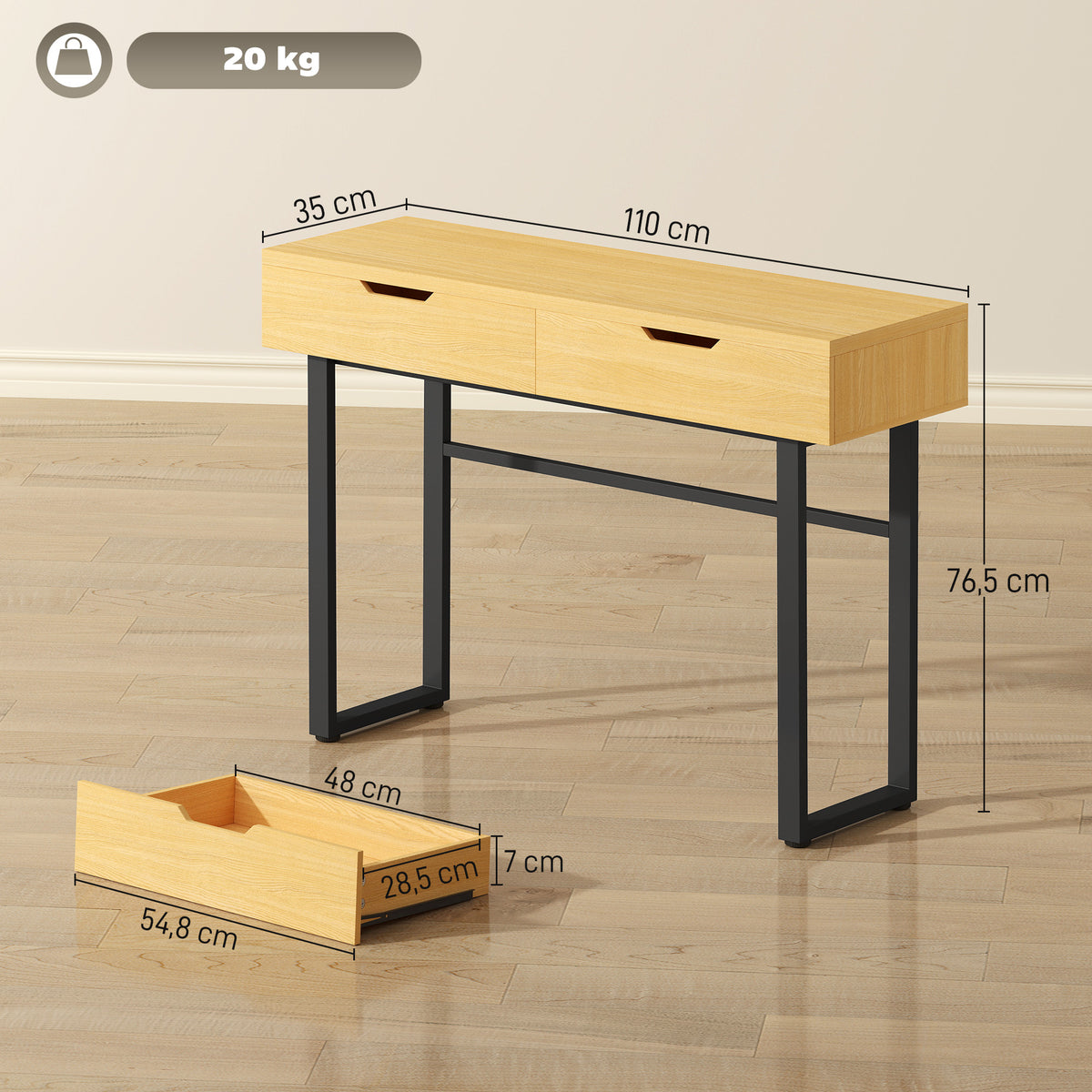 Konsolentisch mit 2 Schubladen und Metallgestell