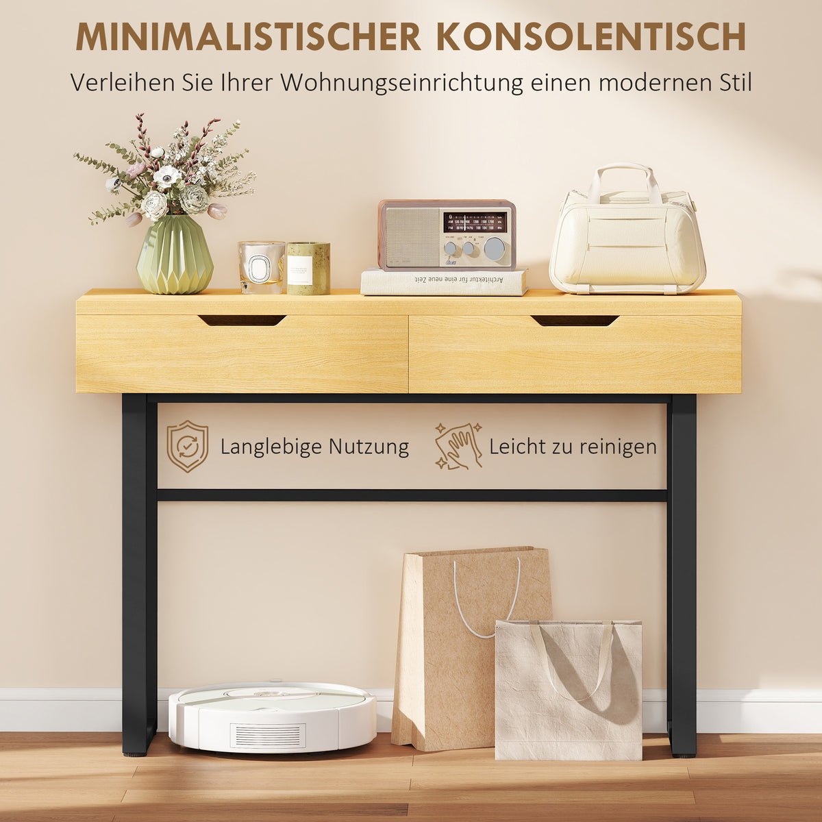 Konsolentisch mit 2 Schubladen und Metallgestell