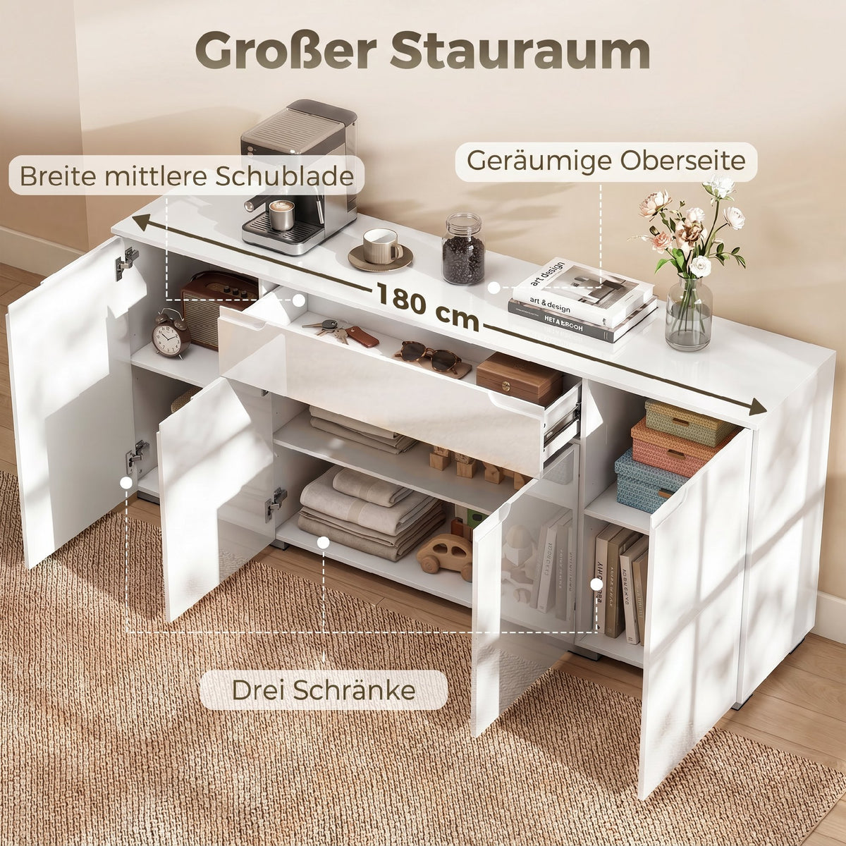 Sideboard 180 cm mit 4 Türen und Hochglanz