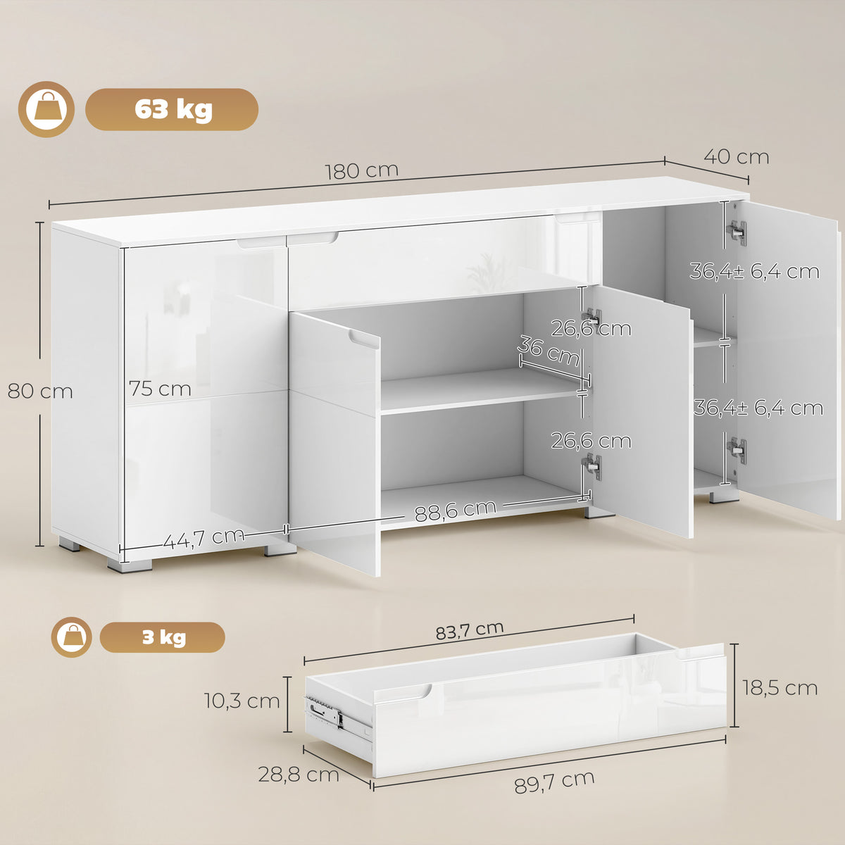 Sideboard 180 cm mit 4 Türen und Hochglanz