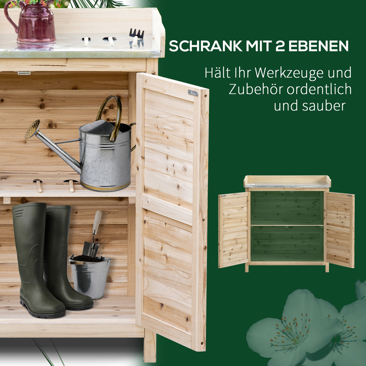 Gartenschrank mit Pflanztisch und 2 Fächern