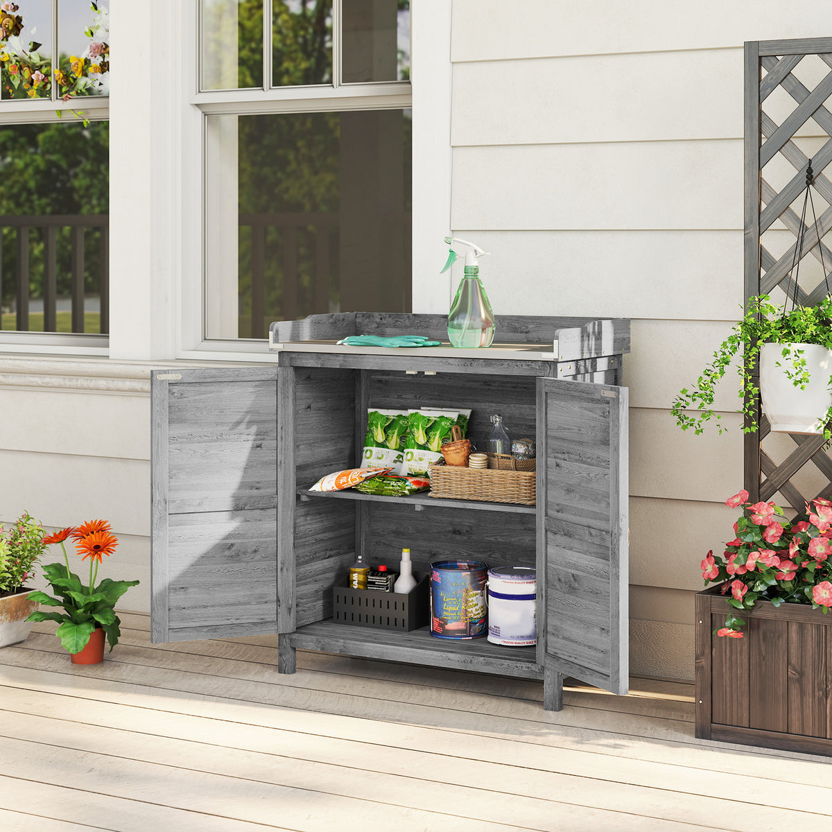 Gartenschrank mit Pflanztisch und 2 Fächern