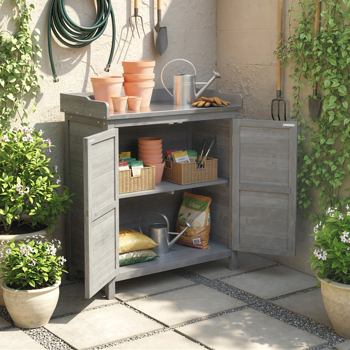 Gartenschrank mit Pflanztisch und 2 Fächern