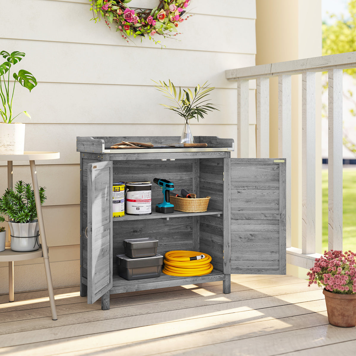 Gartenschrank mit Pflanztisch und 2 Fächern