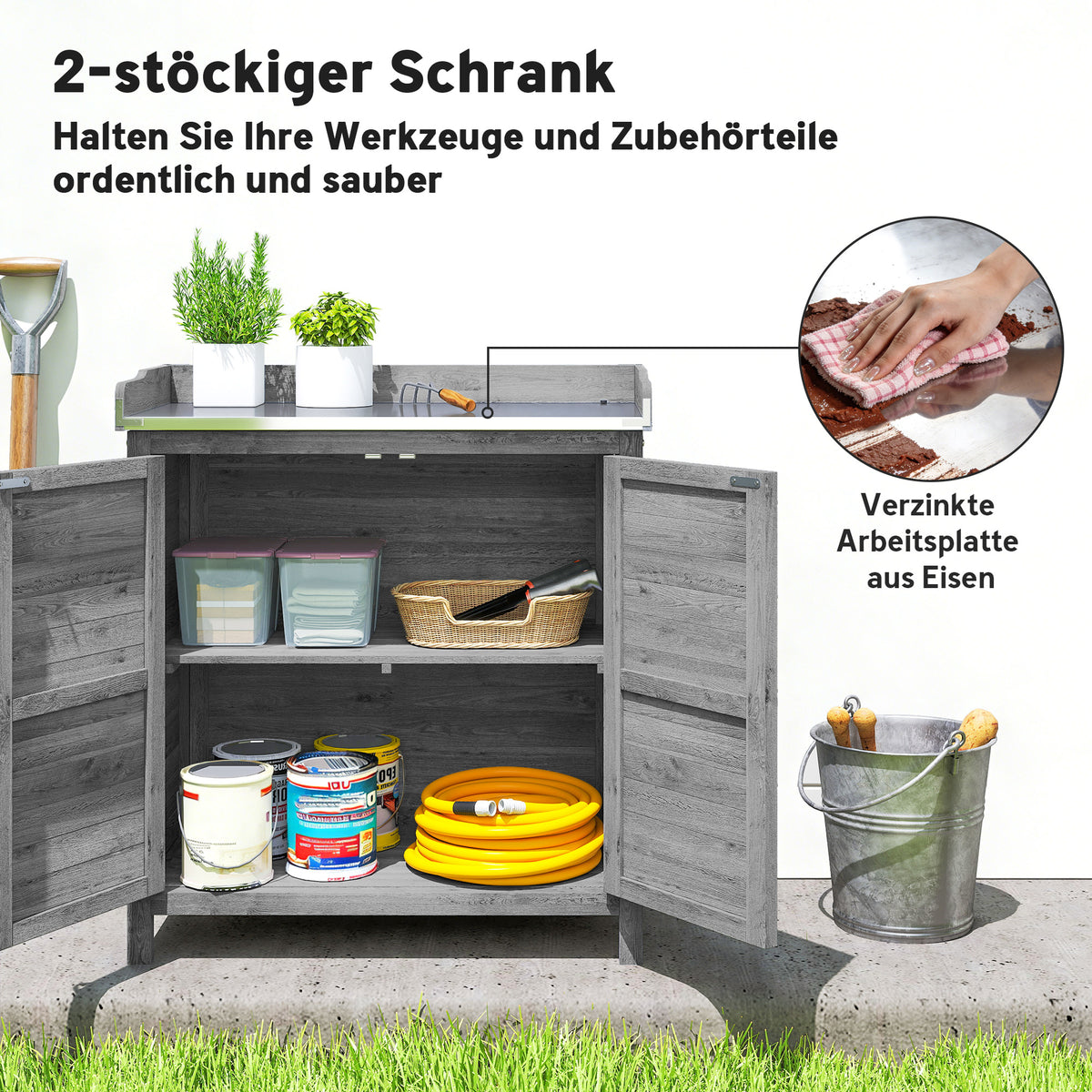 Gartenschrank mit Pflanztisch und 2 Fächern