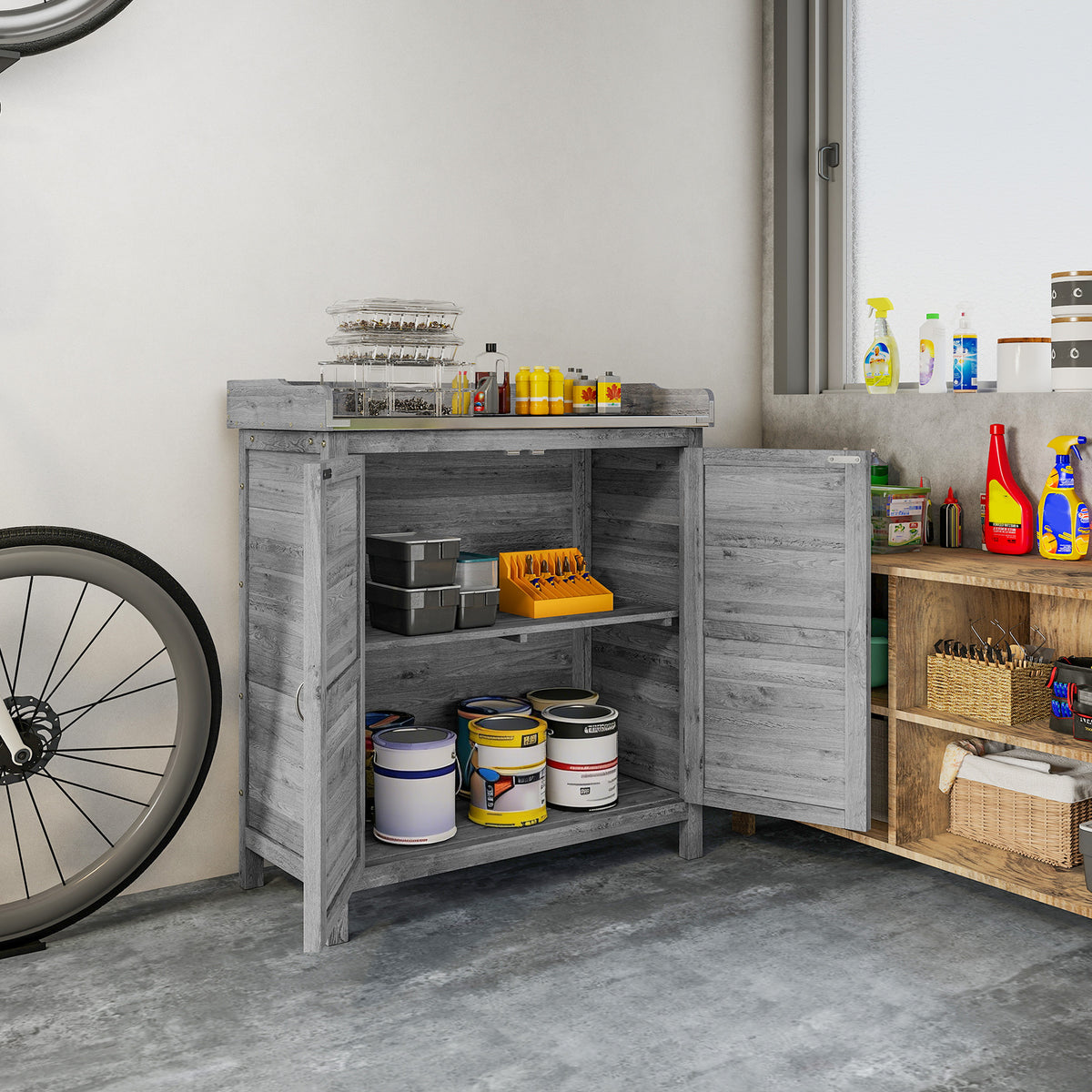 Gartenschrank mit Pflanztisch und 2 Fächern