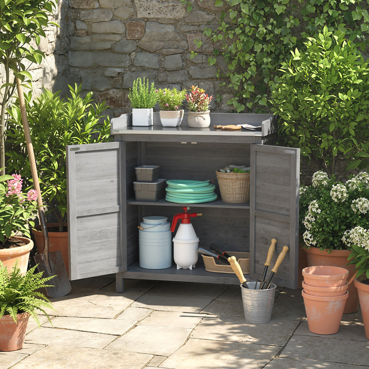 Gartenschrank mit Pflanztisch und 2 Fächern