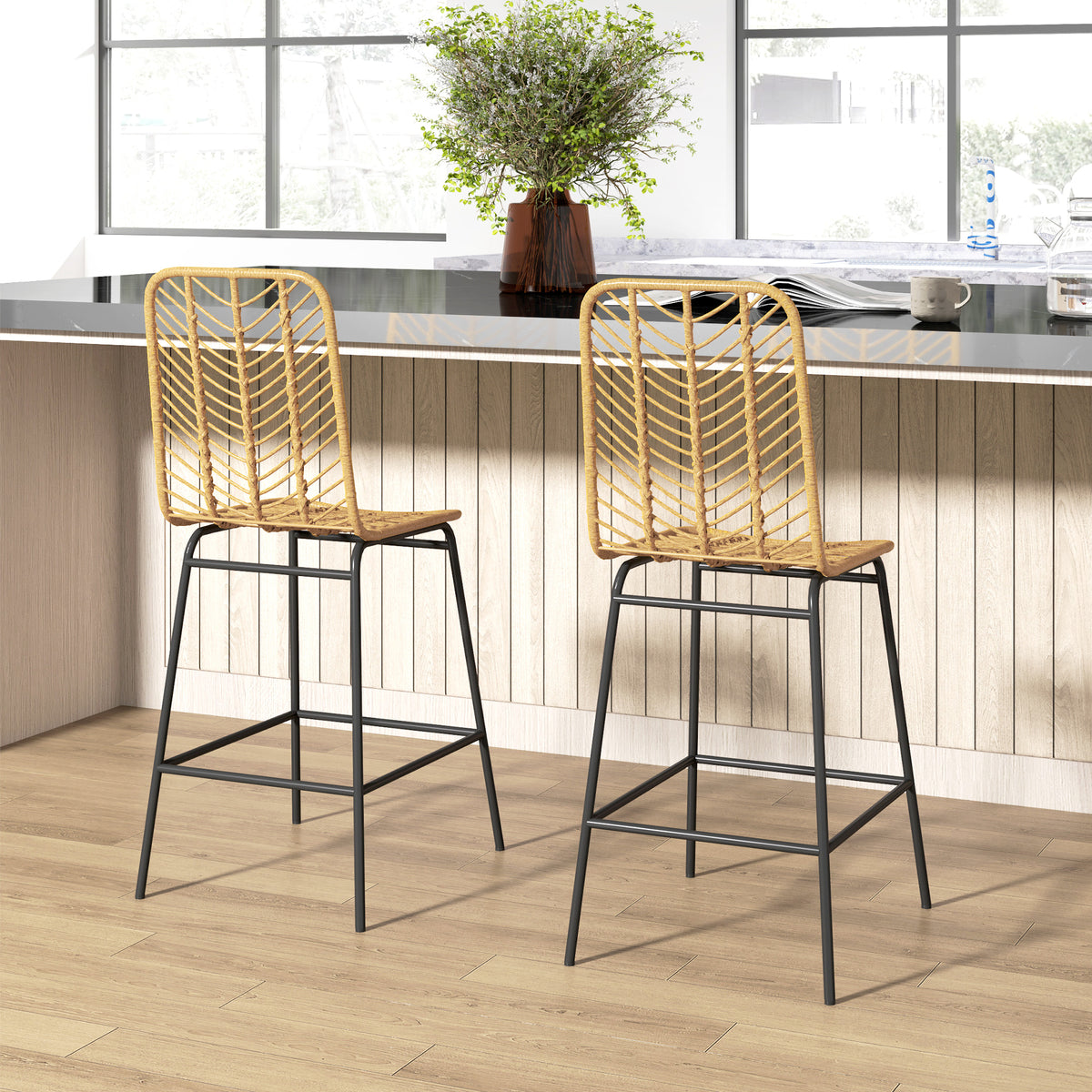 2er-Set Barhocker aus PE-Rattan mit Rückenlehne