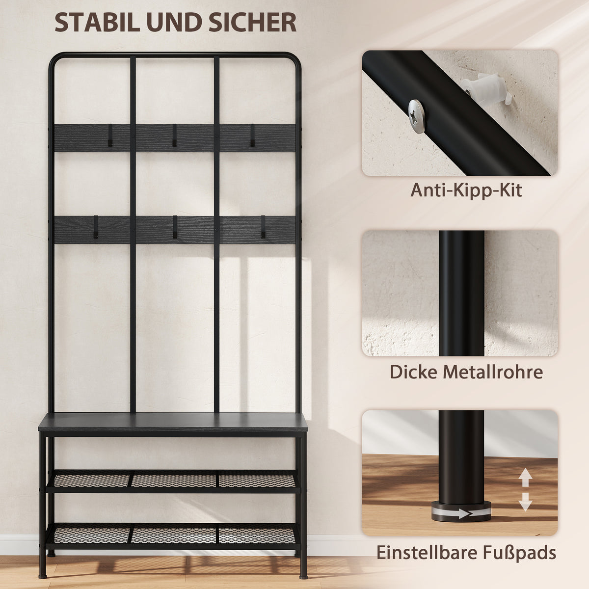 3-in-1-Garderobenständer mit Sitzbank und Schuhregal