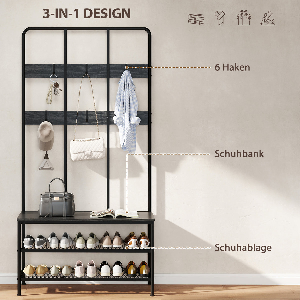 3-in-1-Garderobenständer mit Sitzbank und Schuhregal