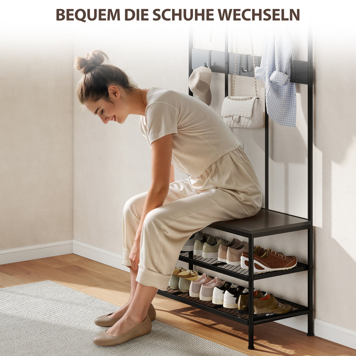3-in-1-Garderobenständer mit Sitzbank und Schuhregal