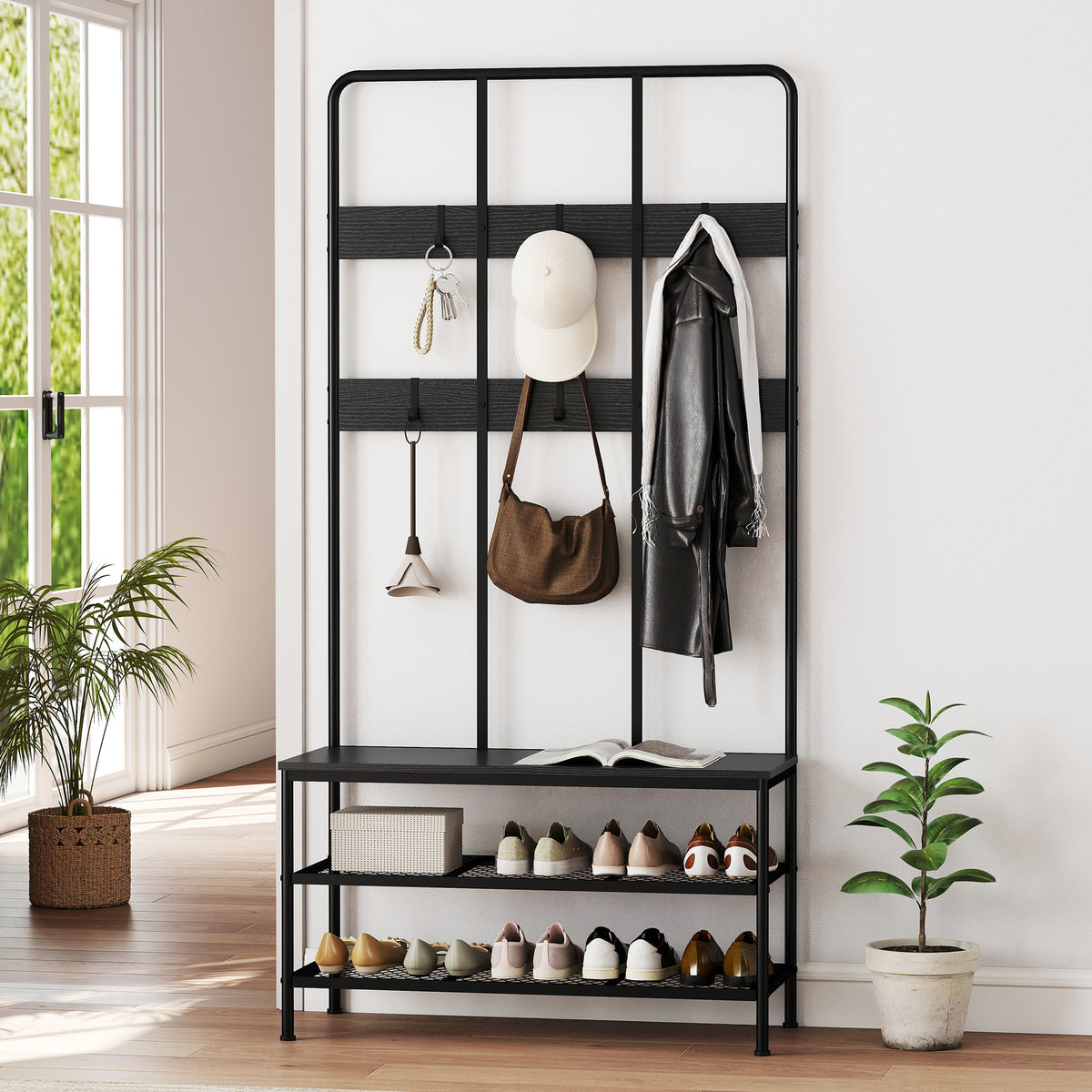 3-in-1-Garderobenständer mit Sitzbank und Schuhregal