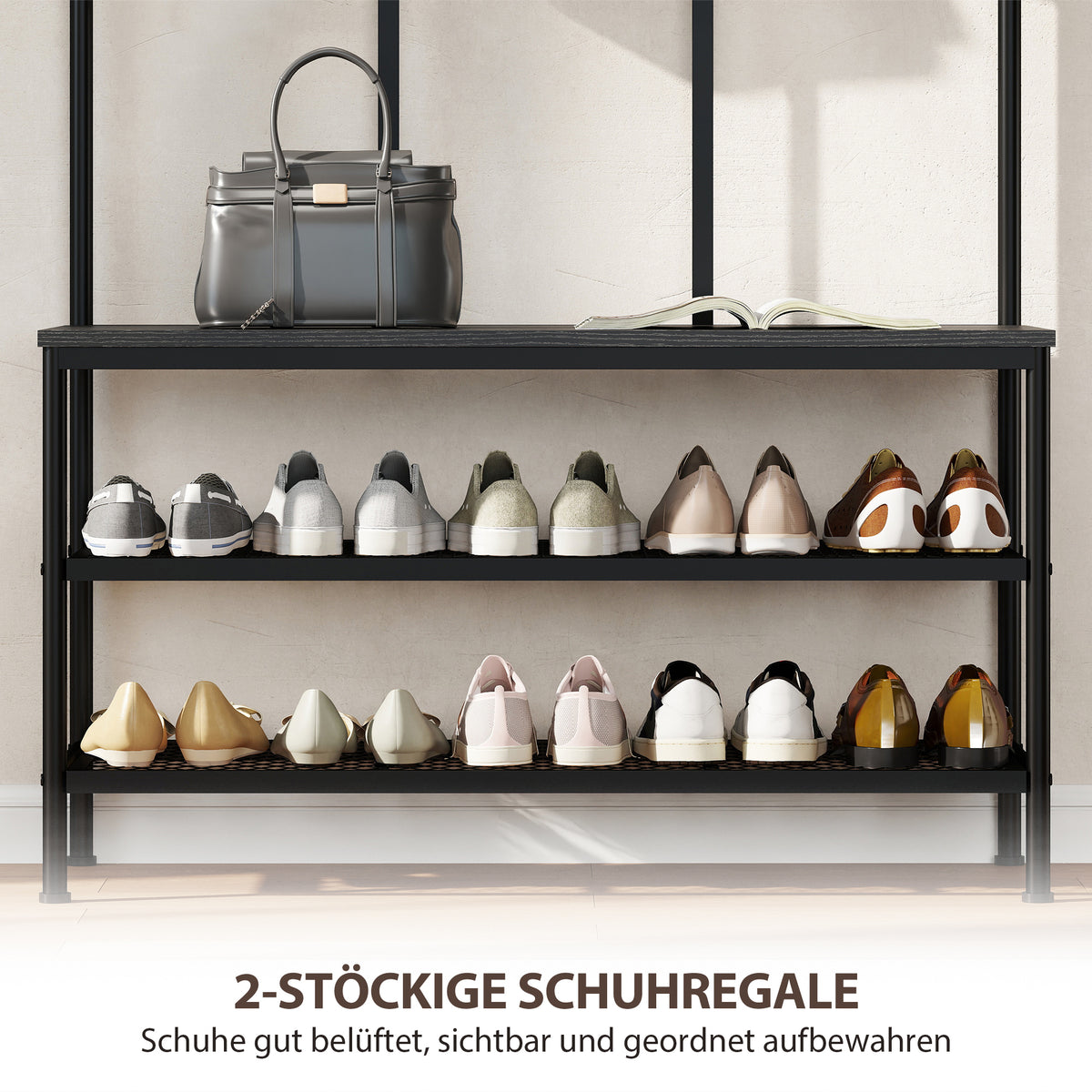 3-in-1-Garderobenständer mit Sitzbank und Schuhregal