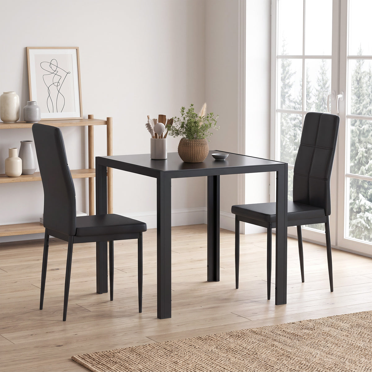 Essgruppe mit Glastisch und 2 Hochlehner-Stühlen