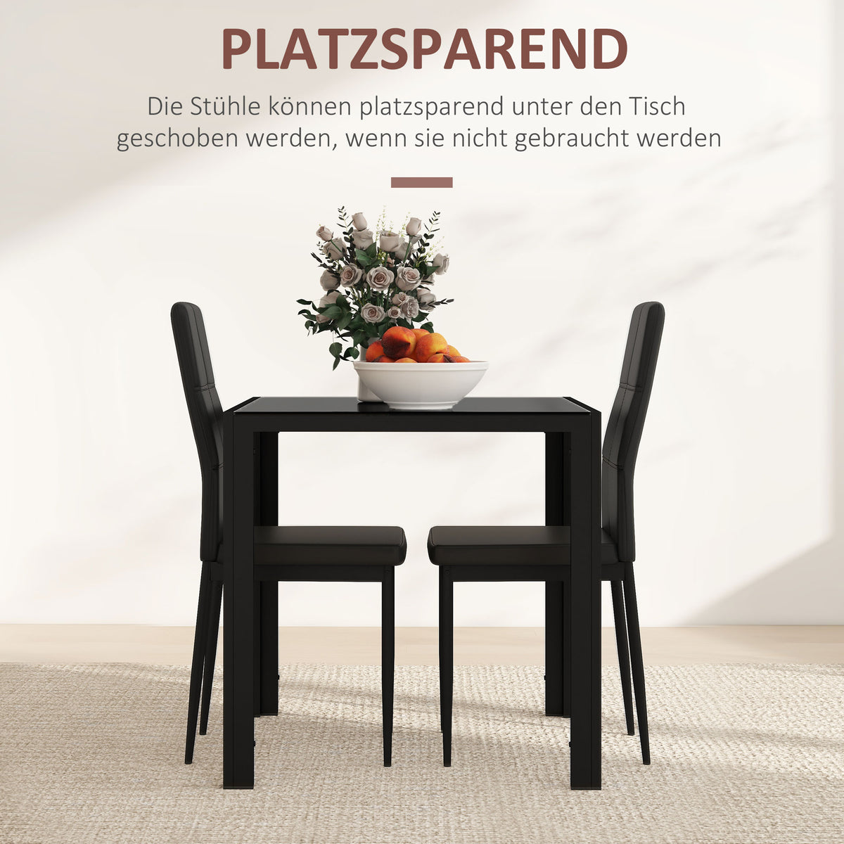 Essgruppe mit Glastisch und 2 Hochlehner-Stühlen