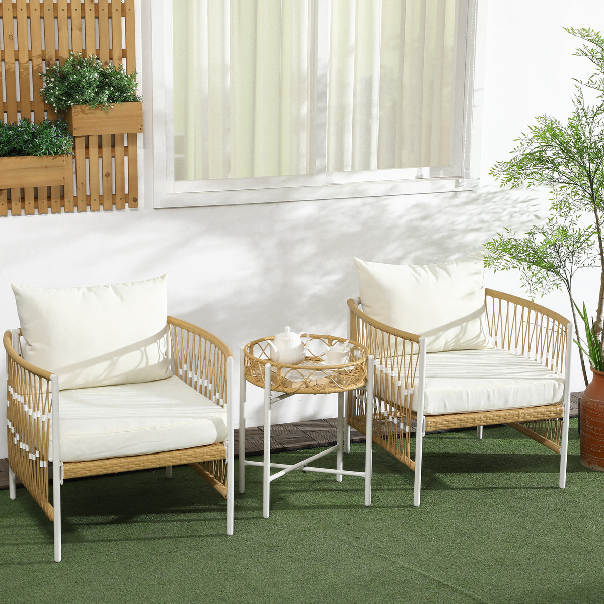 3-teiliges Bistro-Set aus PE-Rattan mit Polstern