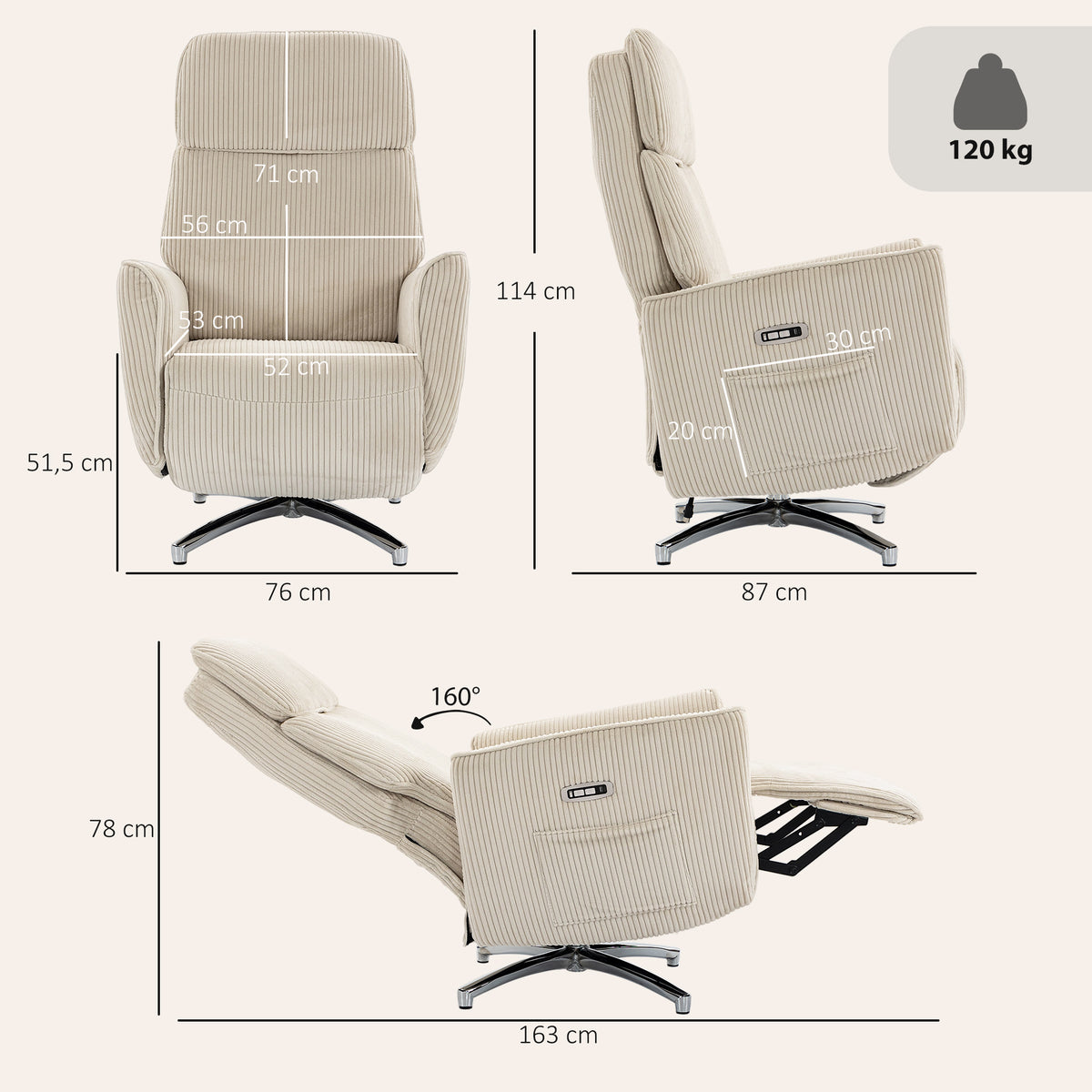 Elektrischer Relaxsessel mit Drehfunktion und USB