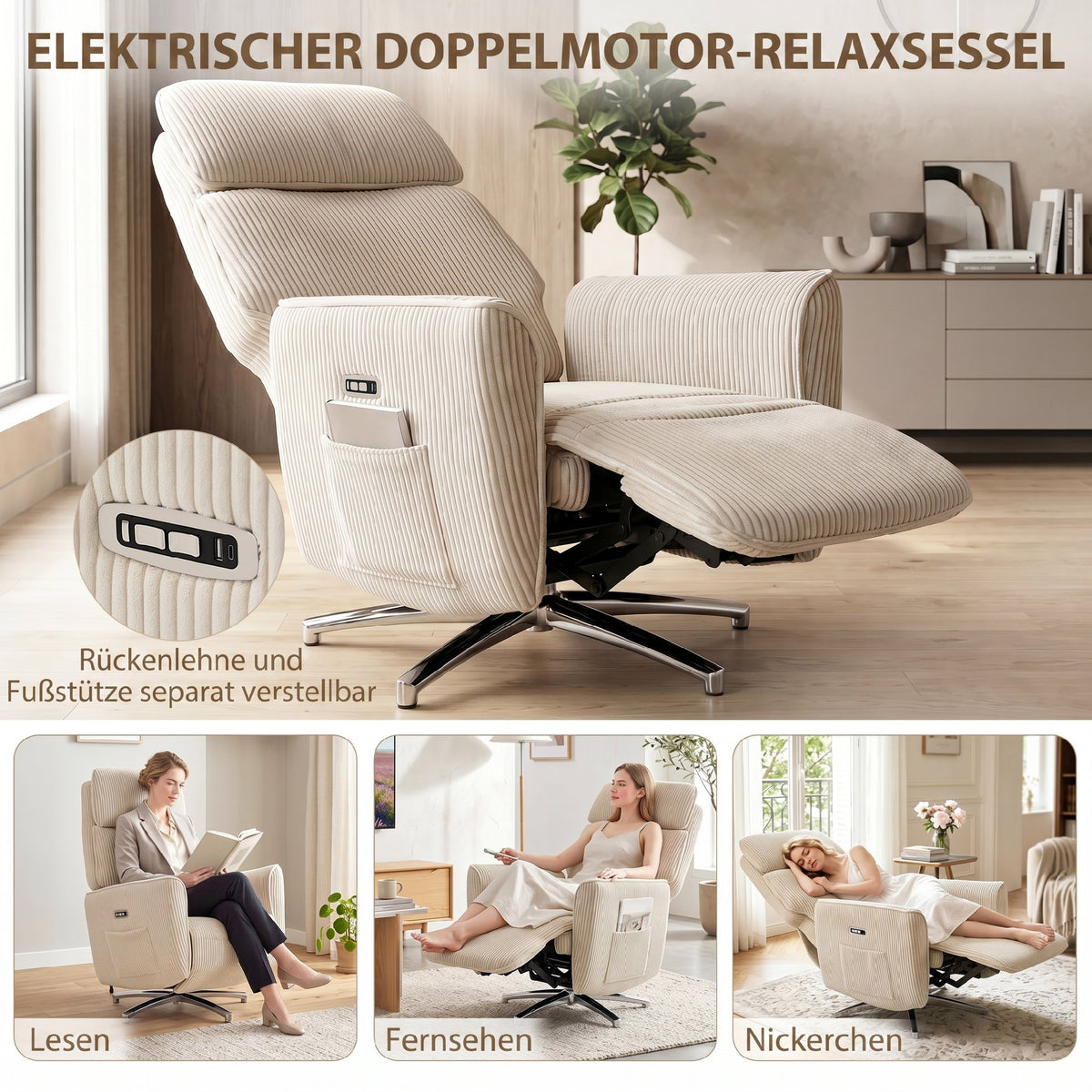 Elektrischer Relaxsessel mit Drehfunktion und USB