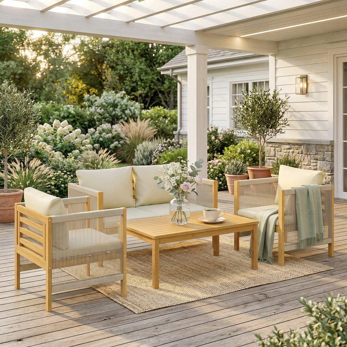 Gartenmöbel-Set aus Akazienholz mit Seildetails