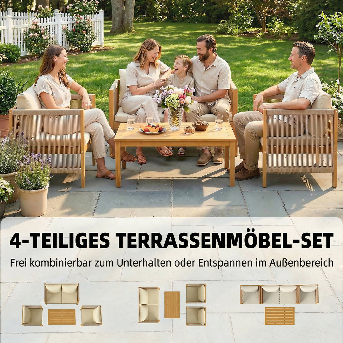 Gartenmöbel-Set aus Akazienholz mit Seildetails