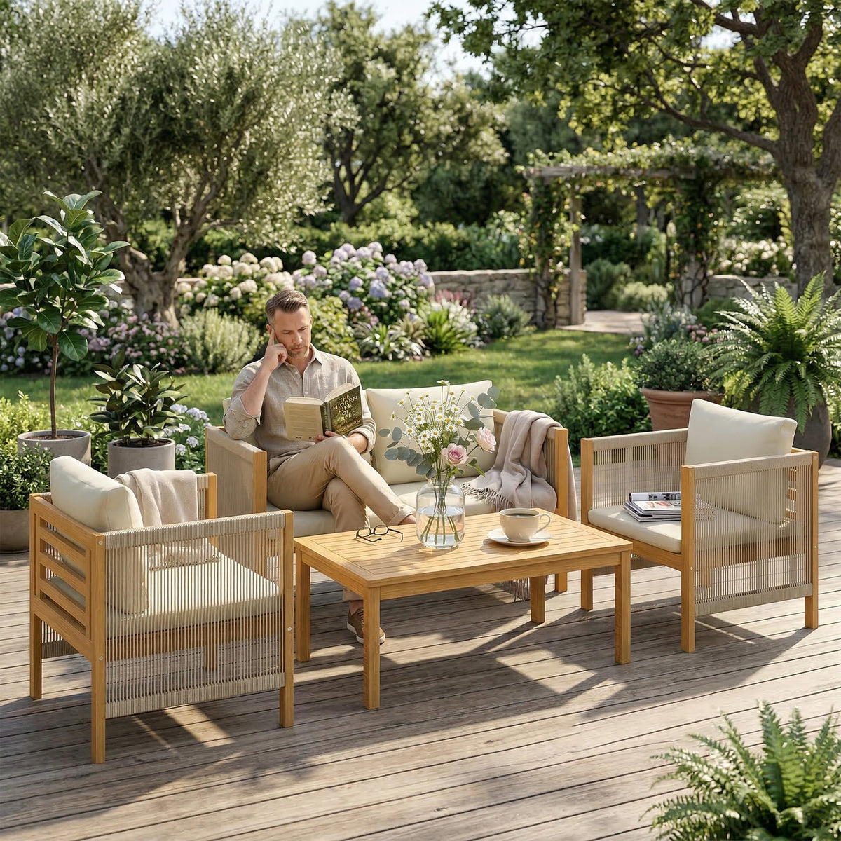 Gartenmöbel-Set aus Akazienholz mit Seildetails