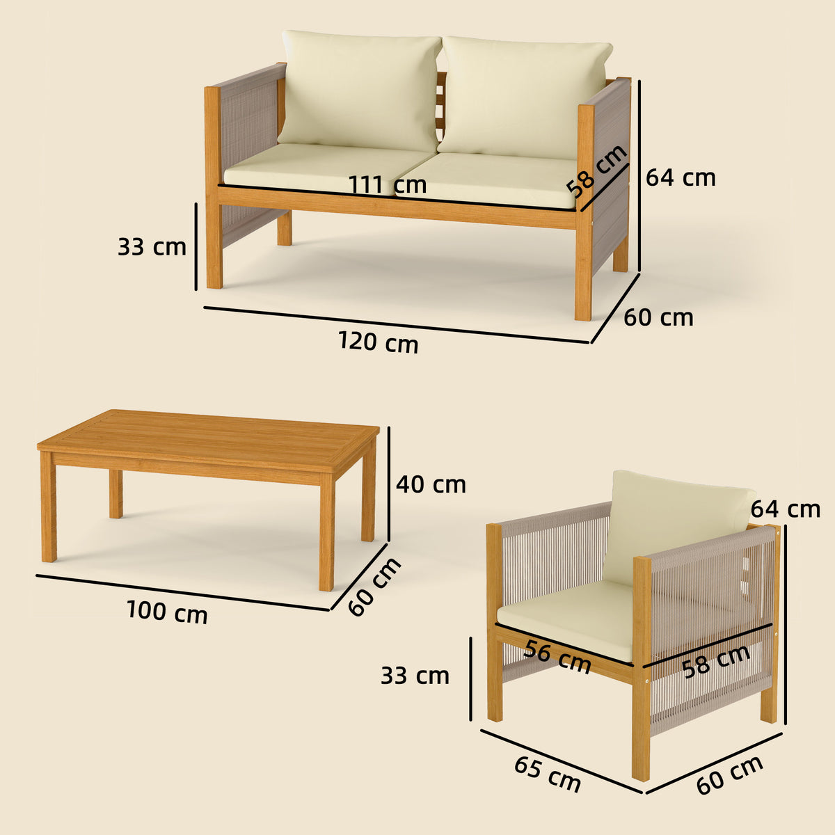 Gartenmöbel-Set aus Akazienholz mit Seildetails