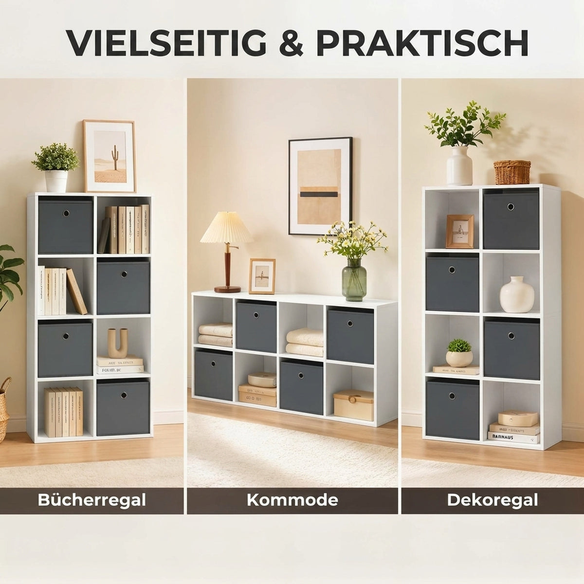 Regal mit 8 Fächern und 4 Stoffschubladen