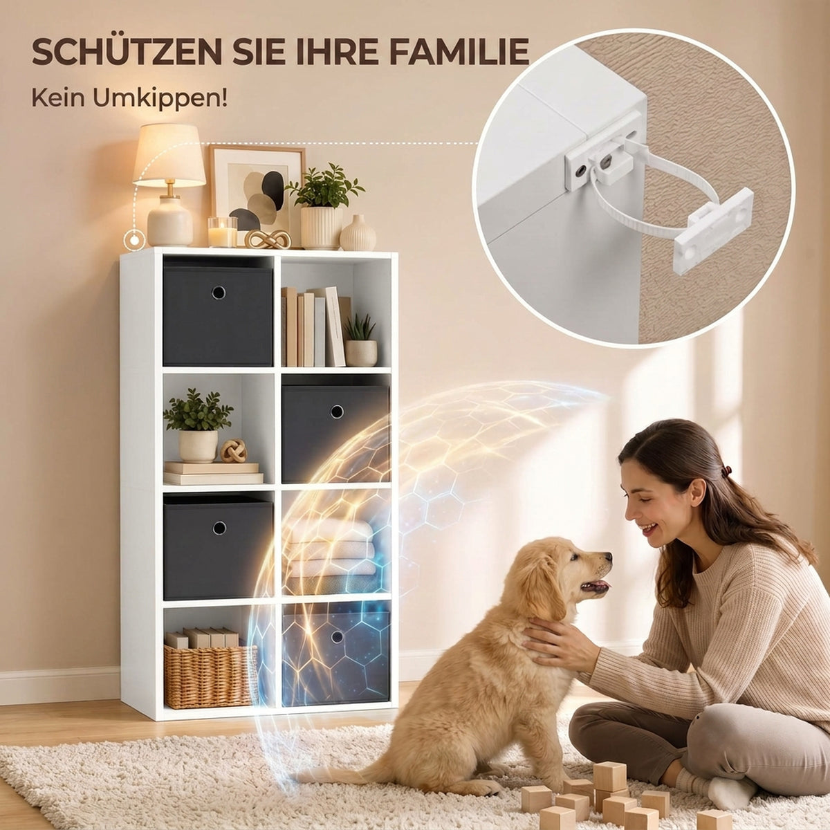 Regal mit 8 Fächern und 4 Stoffschubladen