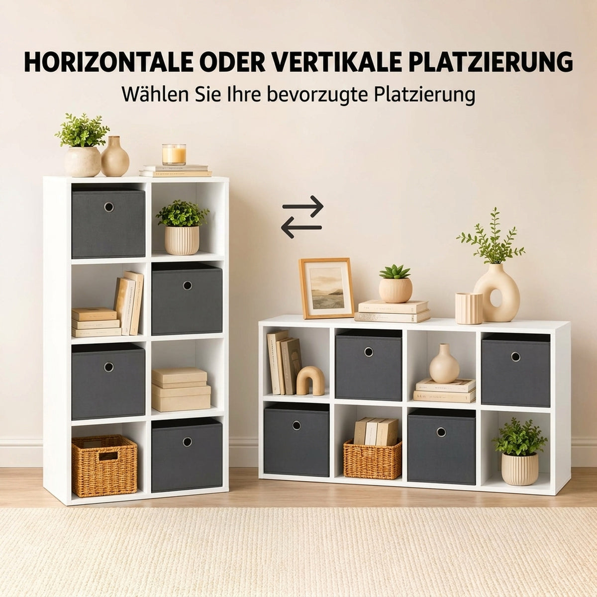 Regal mit 8 Fächern und 4 Stoffschubladen