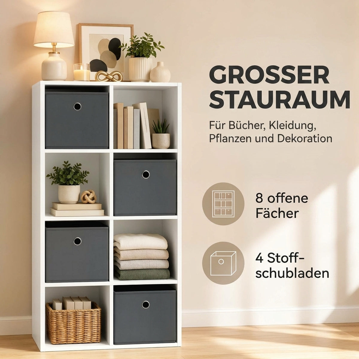 Regal mit 8 Fächern und 4 Stoffschubladen