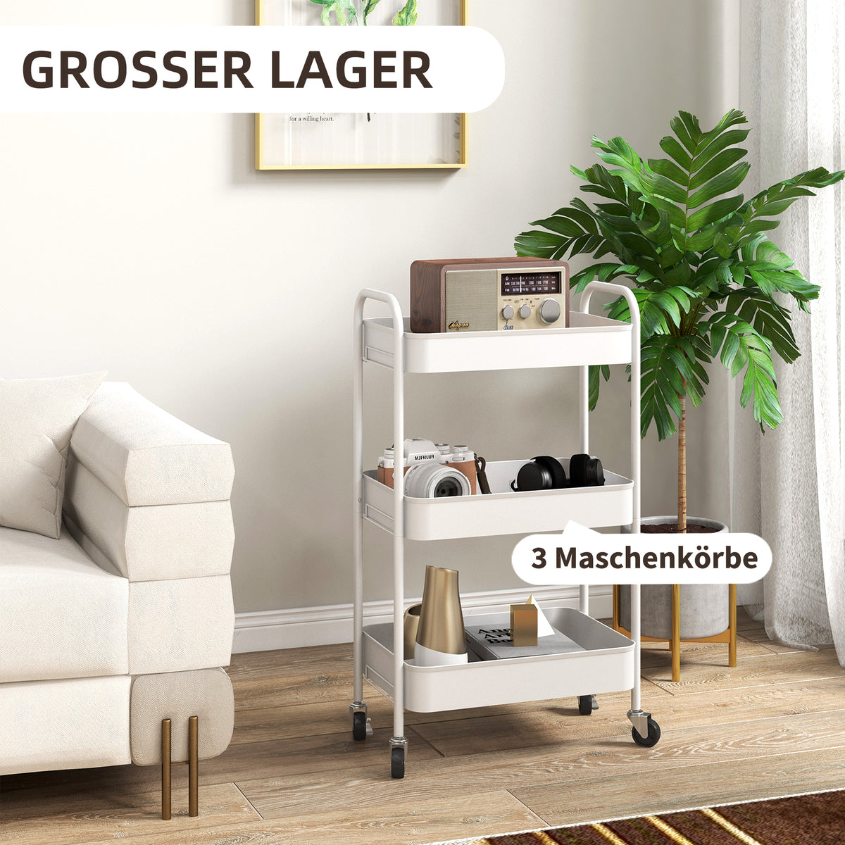Rollwagen mit 3 Gitterkörben und 4 Rollen