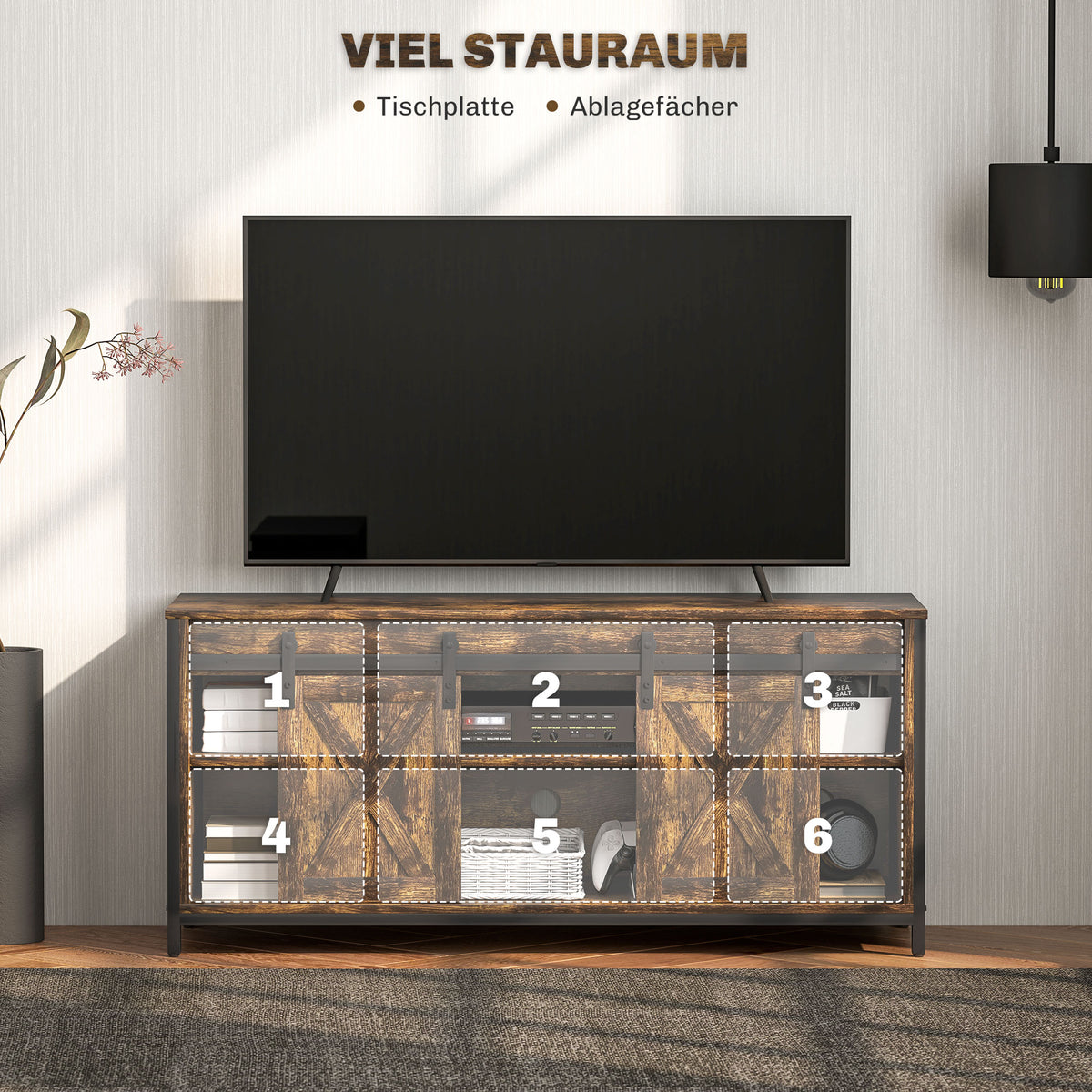 TV-Lowboard mit 6 Fächern und Schiebetüren