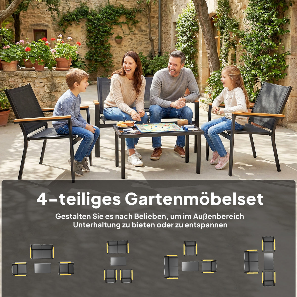 Gartenmöbel-Set mit Sofa, Sesseln und Tisch