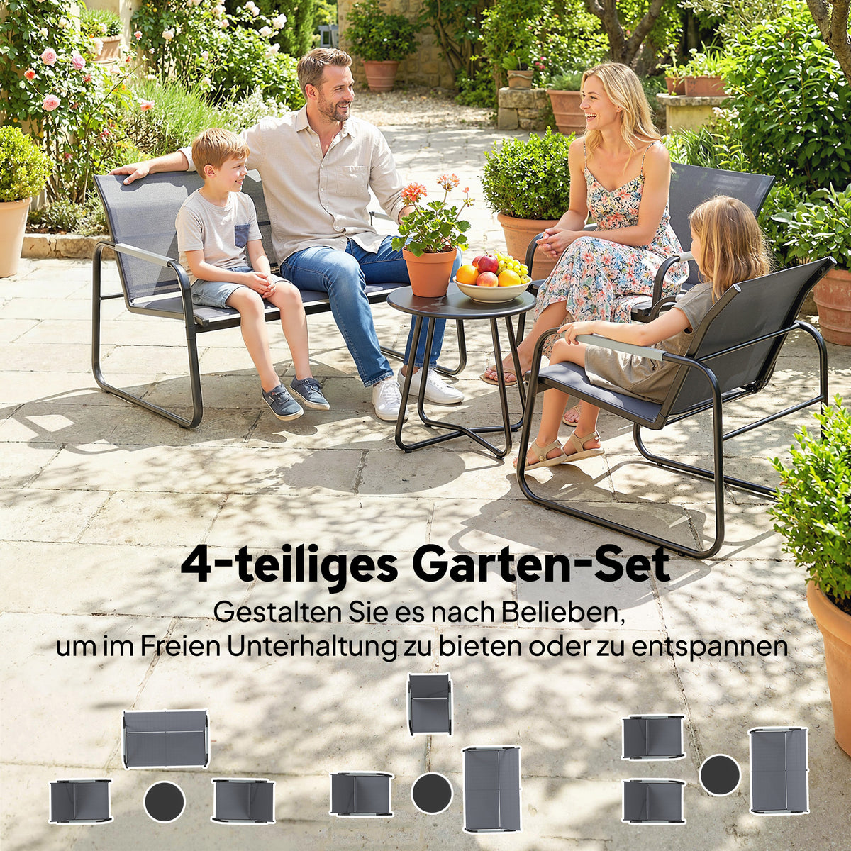 Gartenmöbel-Set mit Sofa, Sesseln und Tisch